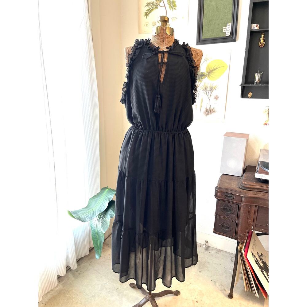 Who What Wear Women’s XL Black Tiered Midi Dress Ruffle Tassel Tie Romantic Boho